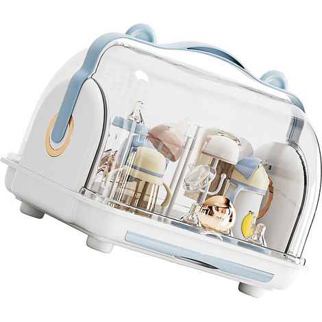 Aufbewahrungsbox für Babyflaschen mit Deckel, staubdichtem Abtropfeinsatz, Kunststoff-Schrankorganizer für Babygeschirr, blau (1/5)