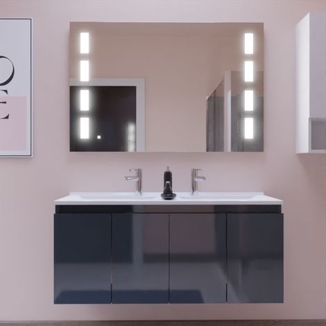 Cuisibane – Meuble double vasque suspendu 120 cm – Plan vasque en résine avec trop plein – Miroir LED Prestige – Dimensions 120x46 cm (1/5)