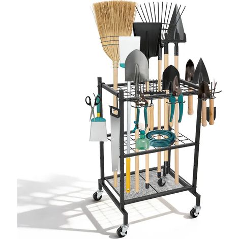 Support de rangement pour outils de jardin sur pied à roulettes Eirolace, 2 crochets amovibles et 9 crochets fixes, capacité jusqu’à 35 outils : pelles, houes, fourches, pour garage, atelier et cave