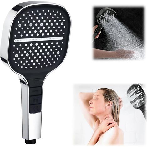 8-Mode High Pressure Shower Head, Silver & Black Handheld Rain Spray with Stainless Steel Hose and Drill-Free Wall Mount (1/5)