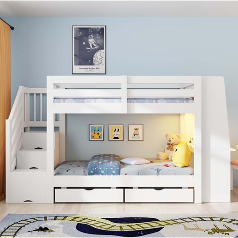 Etagenbett 90/200 cm Weiß aus Holz mit Schreibtisch, Stauraumtreppe und LED (1/5)