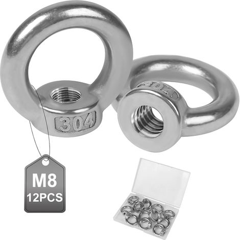 12Pcs Écrou à Oeil de Levage M8 en Acier Inoxydable Écrou à Anneau Bague Anneaux de Levage Anneau Femelle Anneaux en Inox pour Accessoires de Levage Fixer Pots de Fleurs Auvents Cordes à Linge (1/5)