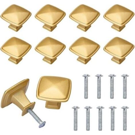 Lot de 10 boutons dorés pour tiroirs d'armoire, poignées de porte en laiton pour armoires, cuisine, placard, salle de bain avec boulons à vis, forme carrée, alliage de zinc (1/4)