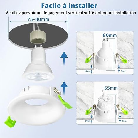 Support Spot GU10, Cadre Spot LED Encastrable Deep Design Douille GU10, Sans Ampoule, Blanc Mat, Spot Plafond Rond pour Salle de Bain (1/4)