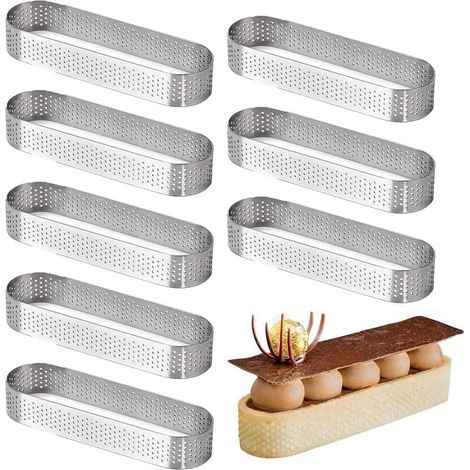 Anneau de gâteau de mousse de dessert perforé, ovale, moule à tarte aux fruits et à la quiche en acier inoxydable, lot de 8 pièces elliptiques 9 pouces (1/5)