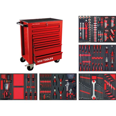 Mw Tools – Servante d'atelier complète rouge 212 outils – Acier chrome vanadium – 7 tiroirs avec verrouillage central – MWE211R (1/5)