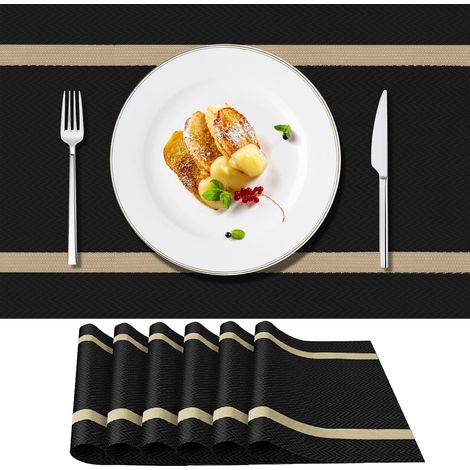Ein Set aus 6 abwaschbaren PVC-Tischsets, rutschfest, abriebfest und hitzebeständig, leicht zu reinigen und zu verstauen, Maße 45 cm x 30 cm, schwarz.