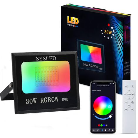 Sysled – Projecteur LED RGBCW intelligent 30W – Contrôle via smartphone – Réactif à la musique – Angle de diffusion 120° – Pour intérieur et extérieur (1/5)