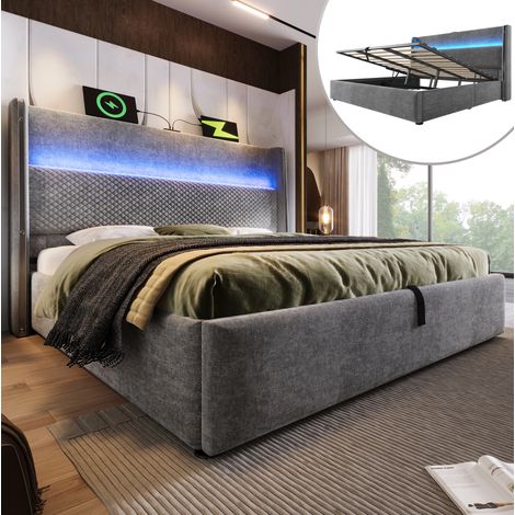 Bett mit Stauraum Leinen Grau 160x200 cm, hydraulisch, mit LED, USB/Type-C und Lattenrost (1/5)