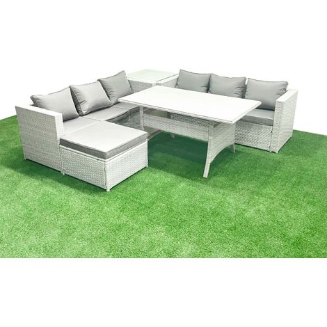 Fimous Rattan Gartenmöbel-Set 7 Sitzer mit Esstisch Beistelltisch Großer Fußhocker Hellgrau gemischt (1/5)