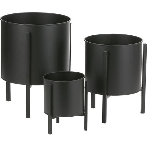 Lot de 3 Cache-Pots sur Pied en Métal Noir - Supports pour Plantes Intérieur - H35 x Ø27 cm - PANGIVO (1/5)