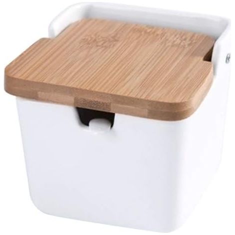 Pot à épices Pot à épices carré en céramique Porte-épices avec couvercle en bambou cuillère (blanc) (1/3)