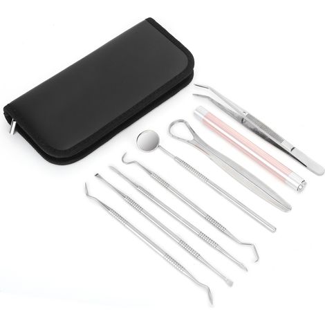 Kit de 8 pièces pour détartrage dentaire - Grattoir à tartre, sonde dentaire, miroir buccal et lampe torche (1/5)