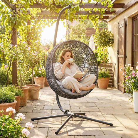 Support de Fauteuil Suspendu, Support Chaise Suspendue, Cadre en C, Charge Max. 150 kg, 128 x 105 x 205 cm, Noir