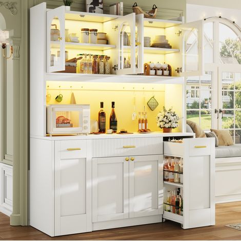 MODFU – Armadio alto cucina 120x40x187 cm in MDF/metallo con LED RGB, vetrine e mensole scorrevoli, carico 100 kg – Bianco (1/5)