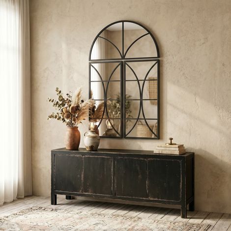 Lot de 3 miroirs muraux arqués 80 x 120 cm, miroir verrière forme fenêtre, verre trempé métal noir. (1/5)