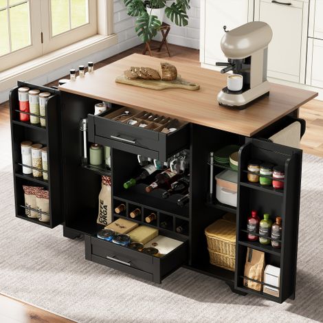 Desserte de cuisine avec 2 portes et 2 tiroirs, plateau pliable, roulettes, casier à vin, porte-verres, porte-serviettes, porte-épices, en MDF, noir (1/5)