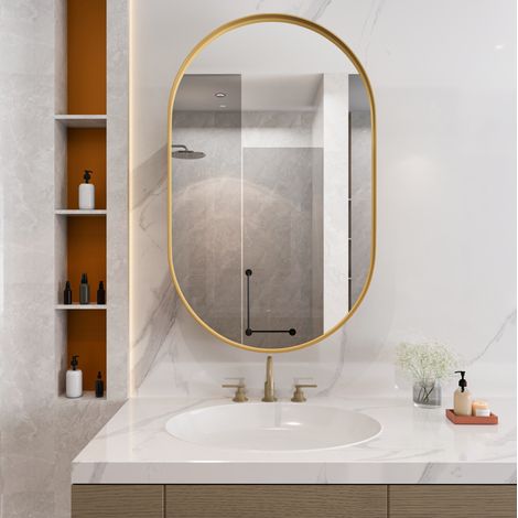 Ovaler Spiegelschrank Gold Metall mit verstellbaren Glasböden und Wand- oder Unterputzmontage (1/5)