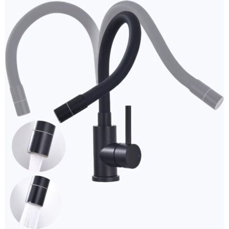 Robinet Cuisine Noir, Mitigeur Cuisine Flexible, Robinet Evier de Cuisine et 2 Modes de Pulvérisation, Mitigeur Evier Pivotant à 360°,Acier Inoxydable Économe en Eau