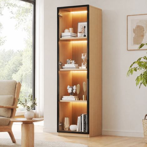 Vetrina stretta 40 x 40 x 165 cm con porta in vetro temperato, LED multicolore, rovere HAVRYA (1/5)