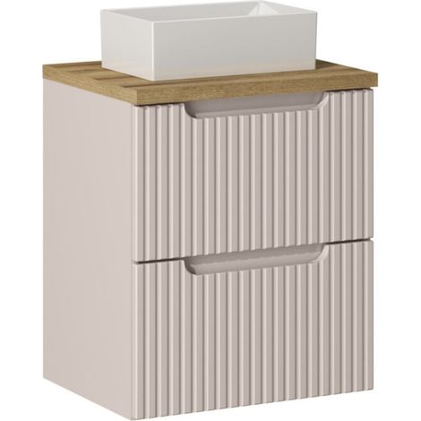 Set VANO cashmere e quercia 50cm: mobile sottolavabo con cassetti + piano per lavabo + lavabo rettangolare da appoggio