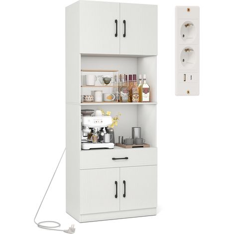 Dispensa con stazione di ricarica, credenza alta 65 x 38 x 168 cm con 4 ante, 2 ripiani regolabili, cassetto, per cucina e soggiorno, bianco (1/5)