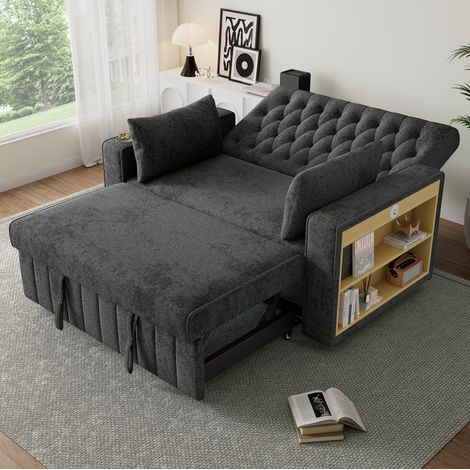 Schlafsofa 140x137x84 cm grau Chenille mit Schlaffunktion, Stauraum in Armlehnen, USB und Getränkehalter (1/5)