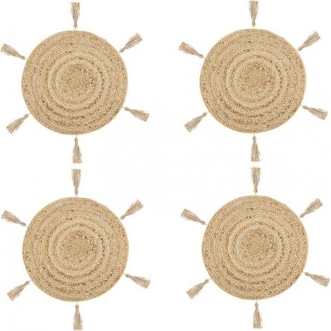 Lot de 4 sets de table avec pompons - D 38 cm - Beige - Livraison gratuite (1/3)