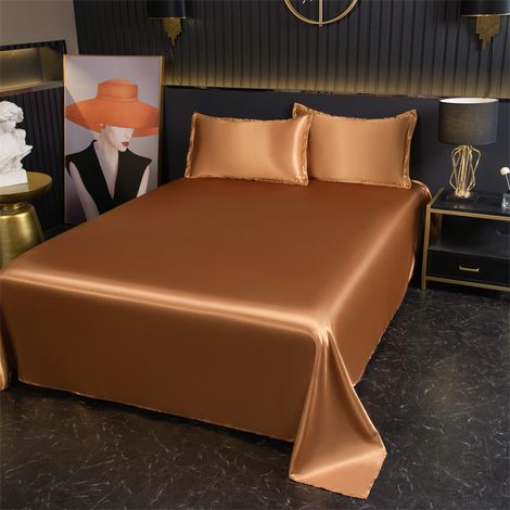 Housse de Couette 180x230 cm en Soie Glacée Fraîcheur d'Été, Parure de Lit Unie Couleur Café avec 2 Taies d'Oreiller (1/2)