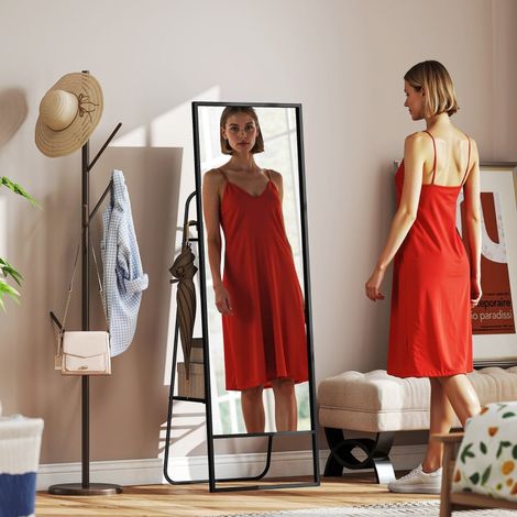 Miroir sur pied industriel avec étagère arrière et 2 crochets, cadre métal noir, 157 x 50 cm, pour chambre, salle de bain, entrée (1/4)