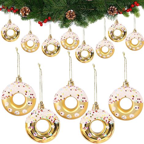 8-teiliges Set goldener Weihnachtsbaumschmuck – Süßigkeiten-Weihnachtskugeln – Glitzernde Donut-Anhänger – Weihnachtsdekoration (Gold) (1/3)