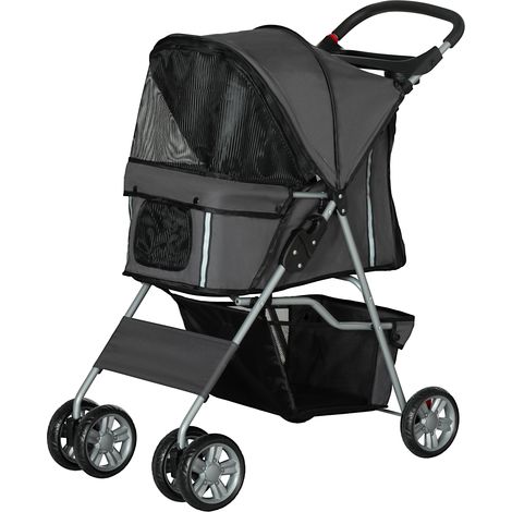 Panier pour chien avec auvent réglable, porte-gobelet, rangement, roues, 75x45x97 cm, gris foncé