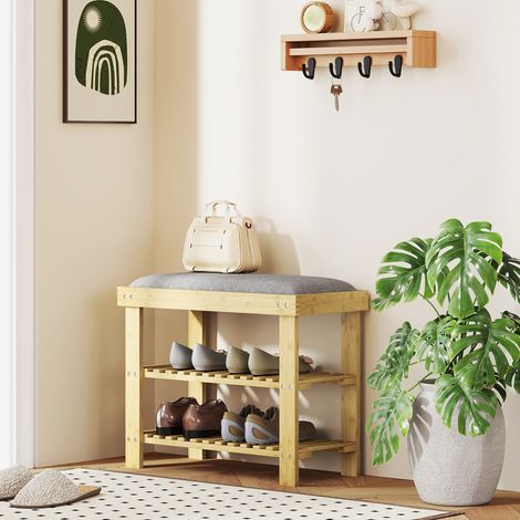 Banquette à chaussures avec siège - banc 60 x 29 x 49 cm Gris - banc en bambou avec espace de rangement - 2 compartiments ouverts