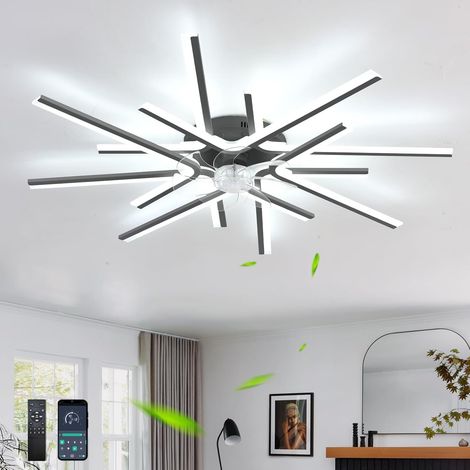 Moderne Lustre Ventilateur Avec Télécommande APP, DC 6 Vitesses Réversibles Ventilateur Plafond Avec Lumiere, LED Dimmable Lustre Ventilo Pour Chambres Et Salons-Black8 Heads (1/5)