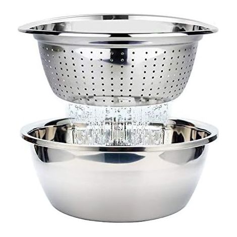 Passoire avec Bol Inox Set Bols à Mélanger Saladier Passoire Métal Préparation de Salades Fruits Pâtes Riz, 26cm (1/5)