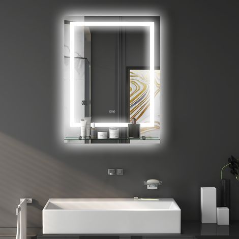 Rechteckiger, wandmontierter LED-beleuchteter Badezimmerspiegel, 70 x 50 cm