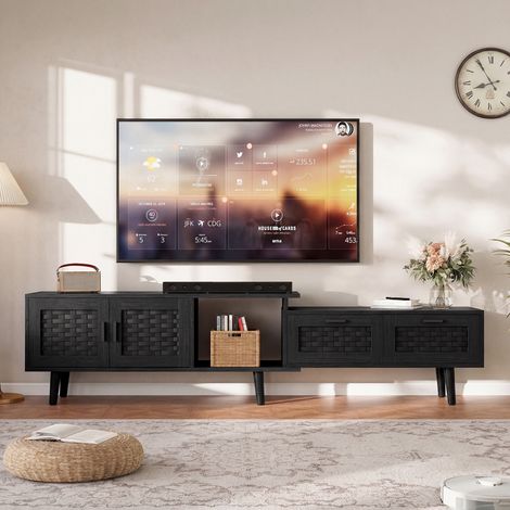 Meuble TV 180 cm extensible rotin avec 2 tiroirs, 2 portes, banquette TV modulable, pieds en bois massif, Pour TV 75 pouces - Noir