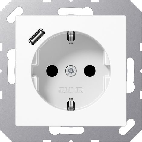 Jung Toma de corriente SCHUKO®, 16 A 250 V , con cargador USB, 1 x tipo C, SAFETY+, serie AS/A, blanco alpino A 1520-18 C WW