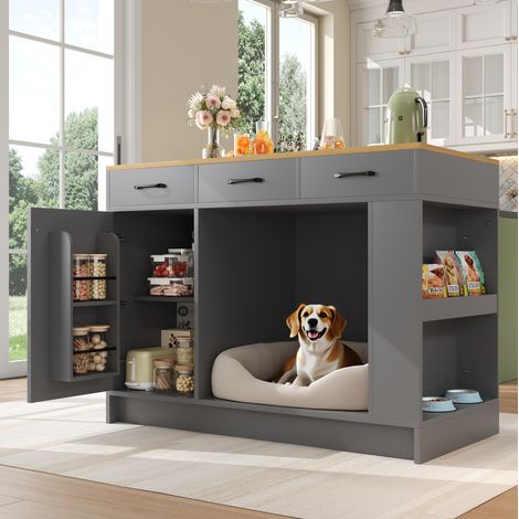 Isla de cocina 120x60x90 cm gris y natural en MDF con 3 cajones, especiero, balda ajustable y espacio para mascota (1/5)