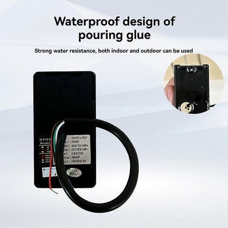 Lecteur RFID étanche 125 kHz avec interface Wiegand 26/34, doté d'un indicateur LED, adapté aux cartes RFID, EM ID et aux cartes de contrôle d'accès. (1/5)