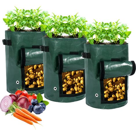 3 sacs de culture pour pommes de terre en PE ultra-résistants avec fenêtres – Sacs de 37,85 litres (1/5)