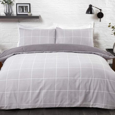 Parure de lit réversible avec Housse de Couette et taies d'oreiller - Gris à Carreaux - King Size (220 x 230 cm) (1/5)