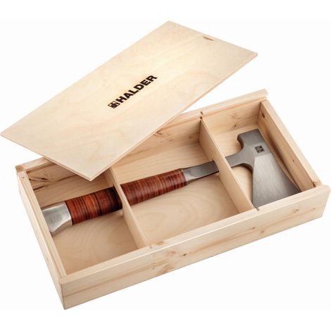 Accetta, con manico in pelle, con cintura tascabile in pelle di qualità che protegge le lame in una bella confezione regalo in legno - 3555s001
