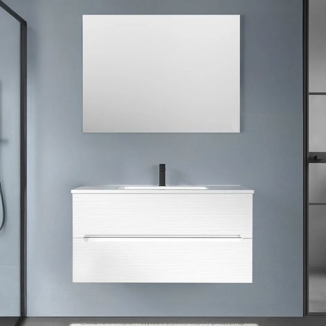 Mobile bagno sospeso 100 bianco cannettato 2 cassetti lavabo e specchio Rigo (1/5)