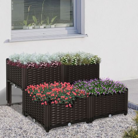 Bac de culture style rotin 40 x 40 x 44 cm en HDPE anti-UV brun, avec trous de drainage, résistant aux intempéries, modulable, pour jardin et balcon