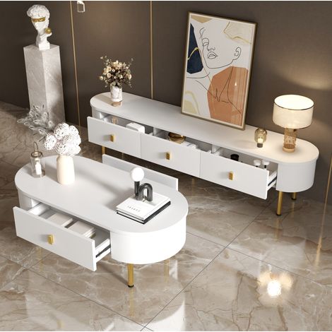 Conjunto mueble TV y mesa de centro con cajones, blanco y dorado, MDF HAVRYA (1/5)