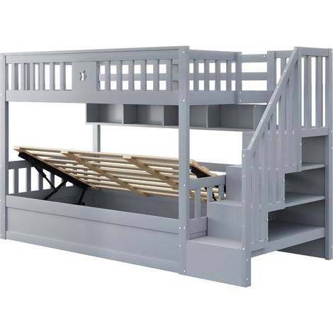 Etagenbett 90 x 200 cm aus grauem Holz mit hydraulischem Stauraum, Regalen und Treppe (1/5)
