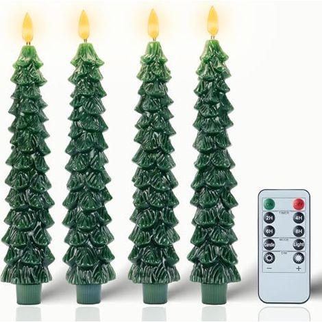 Lot de 4 bougies de Noël sans flamme avec télécommande et minuterie, bougeoirs LED verts à piles, décoration intérieure pour les fêtes