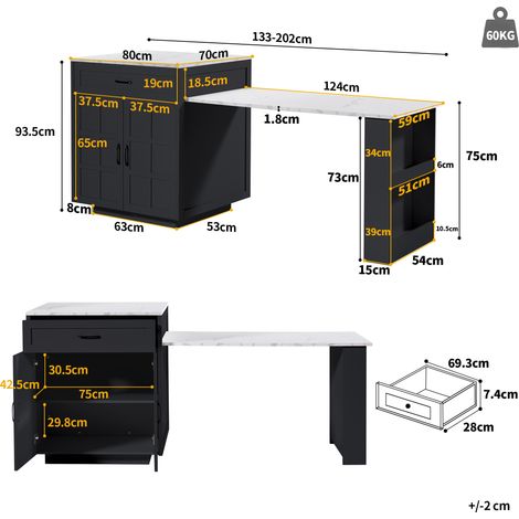Table extensible avec rangement pour bar (133-202×70×93.5cm), îlot de cuisine avec 2 tiroirs et 4 compartiments, table extensible pour 2 à 6 personnes, chariot de cuisine avec étagères latérales, noir (1/5)
