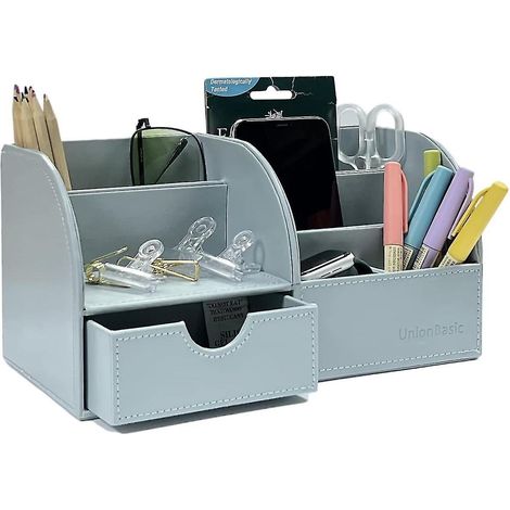Unionbasic Schreibtisch-Organizer, multifunktionaler Schreibtisch-Organizer aus Leder, Stiftehalter – Halter für Visitenkarten/Stifte/Bleistifte/Handy/Schreibwaren, StoraCashmere Blau (1/5)